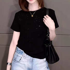 高级感轻奢黑色圆领短袖T恤女2026夏季大码胖mm修身显瘦正肩上衣