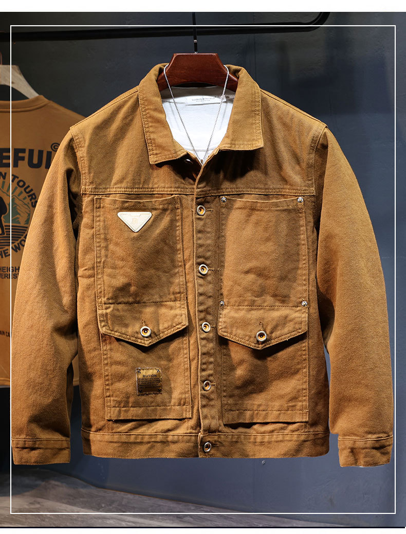 V-embroidered Denim Jacket For Men Washed Lapel Tooling Style_voghion.com