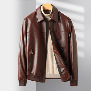 Spring and Autumn New Men's Haining Genuine Leather Jacket Leather Jacket Short Coat Lapel Slim Fit Top Layer Cowhide Biker Suit