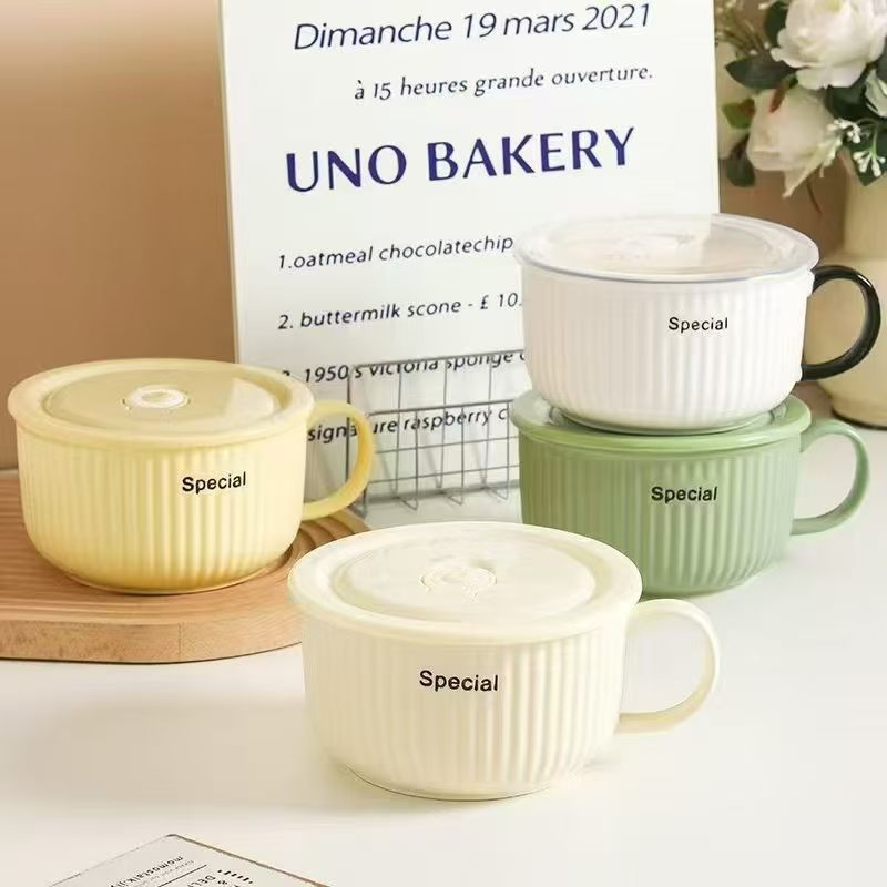 6inch Ceramic Instant Noodle Bowl with Lid, Stylish White Porcelain Cup for Dormitory Students, Microwave Safe