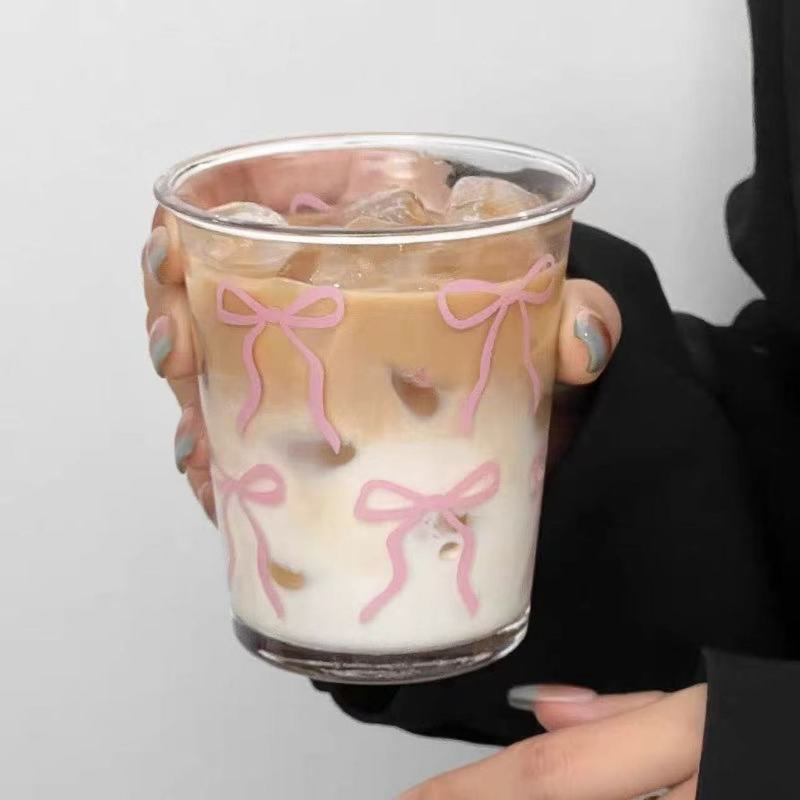 漫画インスタイルピンクリボンガラスガールハート水出しジュースカップミルクコーヒーカップ朝食カップ|undefined