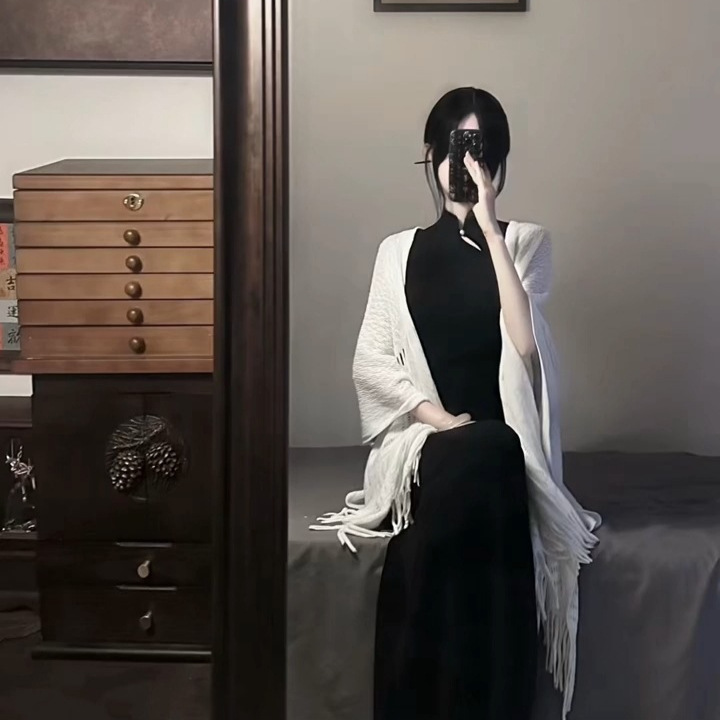 国风旗袍领无袖修身针织裙连衣裙珍珠扣半高领无袖中长款长裙女式