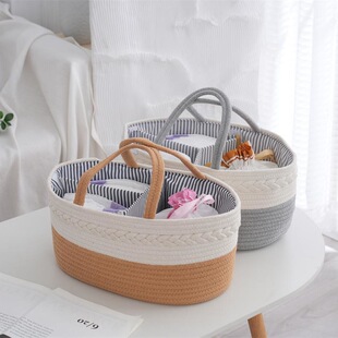 Factory Hand-Woven Cotton Rope Woven Storage Basket Removable Portable Mother and Child Diaper Bag Three Partition Large Capacity Mummy Bag
