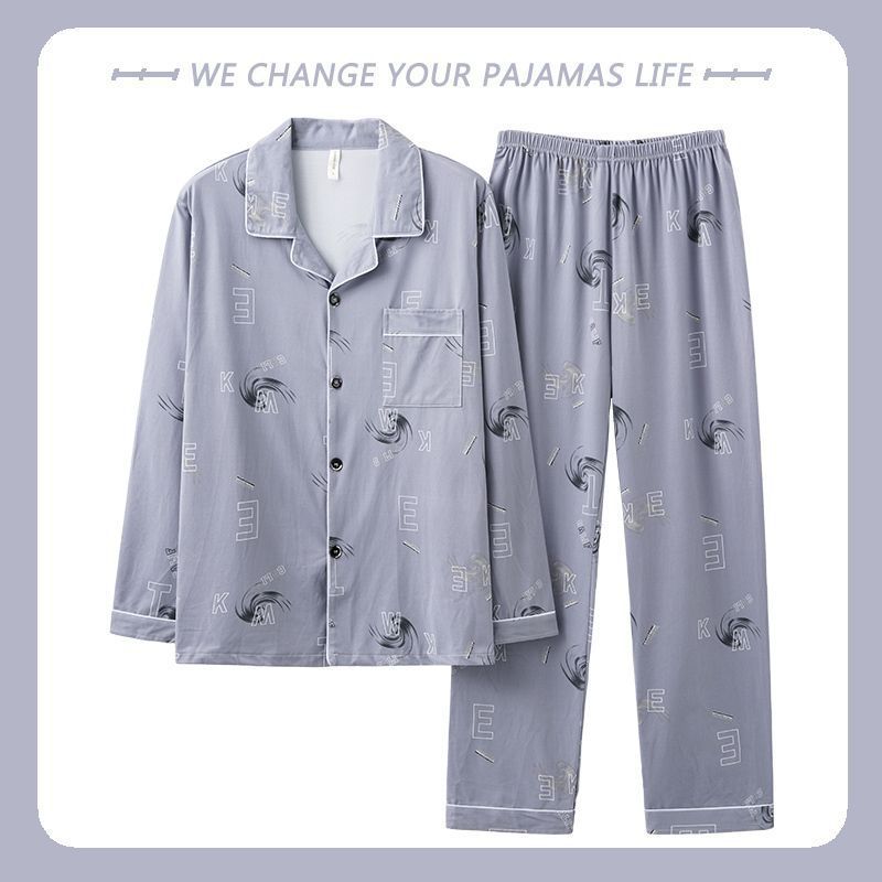 Pijamas de hombre primavera y otoño 100% algodón pantalones de manga larga delgada juventud más tamaño traje de verano homewear