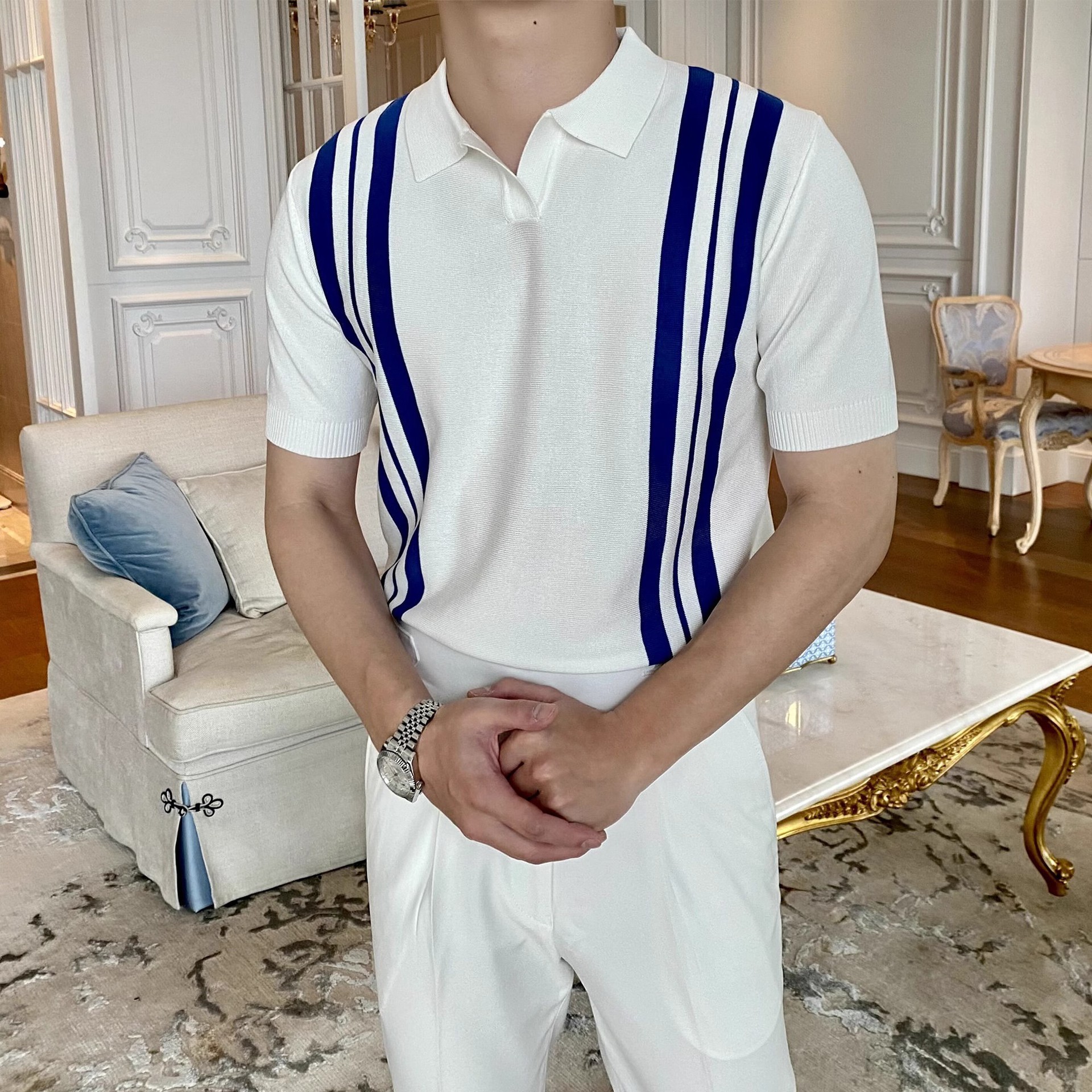 American Style Knitted Striped Color-matching Short-sleeved Loose Men's Summer Niche Retro Fashion Brand Casual Lap T-shirt for Men