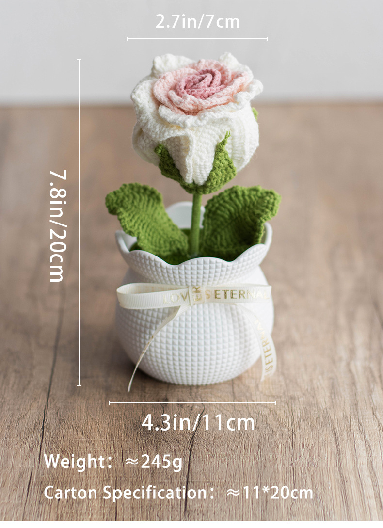Ready-made hand-knitted rose artificial flower potted plants, office desktop potted plants, knitted flower ornaments, artificial flowers wholesale pic 2