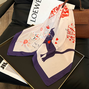 European and American Silk Small Square Scarf, Sunscreen Scarf with Cartoon Cat Pink Print, Bag Tie Scarf, Japanese and Korean Sweet Style