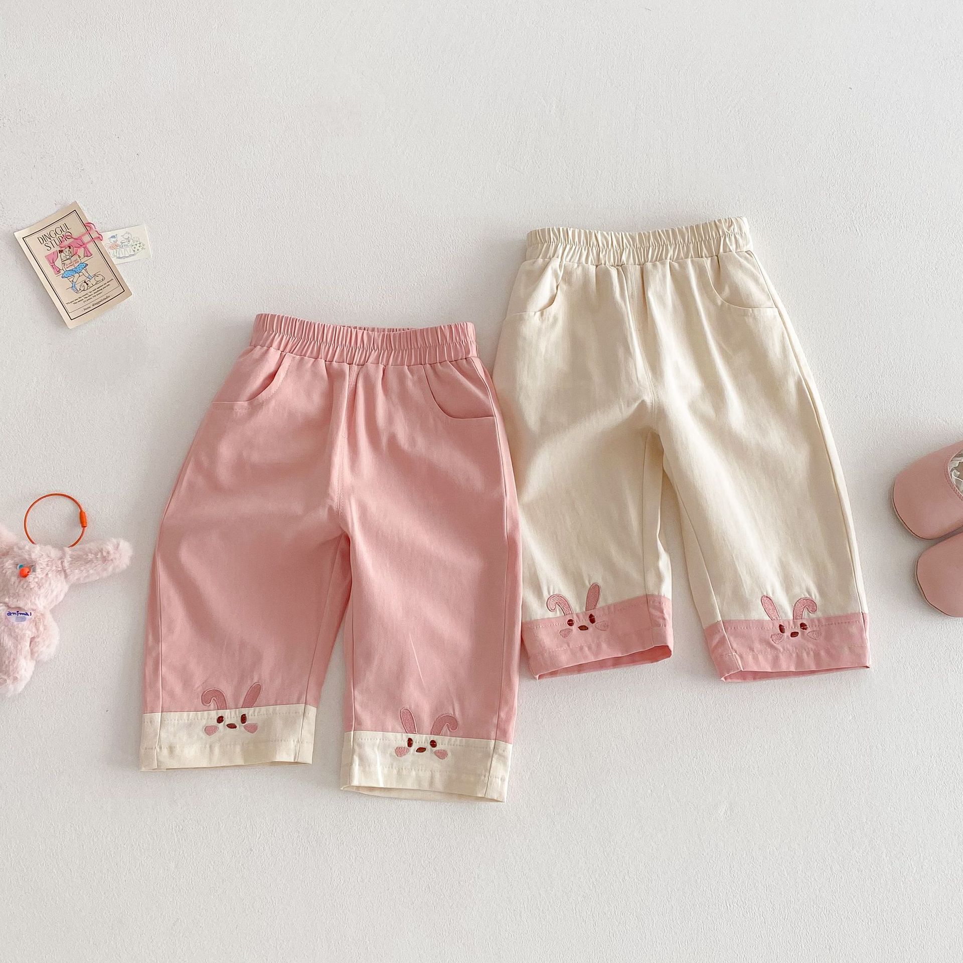 Girls' Rabbit Straight Leg Pants 2025 New Summer Female Baby Korean Style Stitching Embroidered Pants Thin Children's Casual Pants