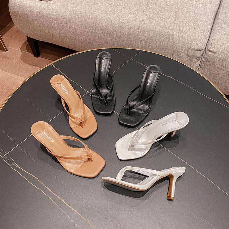 Black Thong Sandals Women's Flip Flops High Heel Fine Heel Flip Flops Exterior Fashionable All-match Slippers Square Toe Sandals Summer