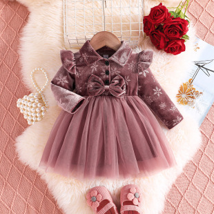 Cross-Border Exclusive Supply—Baby Girl's Spring & Fall Printed Mesh Long-Sleeved Dress, Baby's Fashionable Mesh Dress