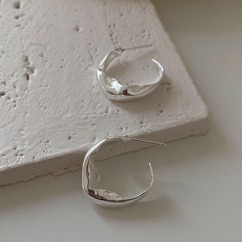 s925纯银光面凹凸不规则耳钉设计感法式冷淡风耳环C型皱褶E651-L|ms