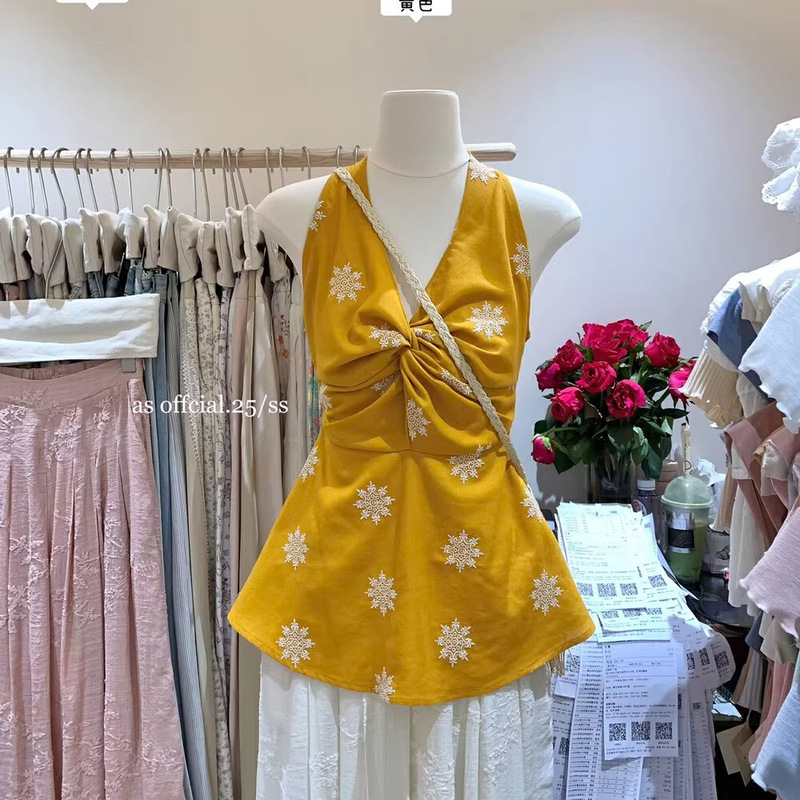 Korean Sweet Style Ruffled Twist V Neck Halter Shirt for Women Super Nice Yellow Sleeveless Top for Women