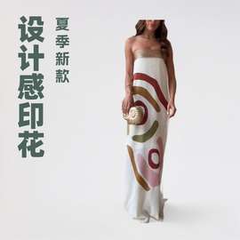 跨境独立站2025新款欧美夏季性感时尚抹胸缎面定位印花连衣裙女