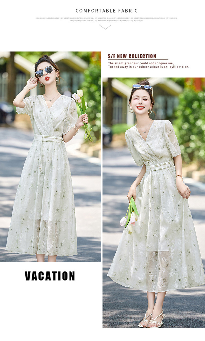 Váy hoa cổ chữ V thắt eo thon gọn mùa hè ZQ88079 — Màu xanh lục nhạt, Màu xanh lam chi tiết 13