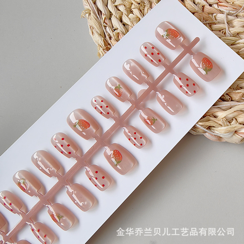 Three-Dimensional Strawberry Polka Dot Wearable Nails, Embossed Cat Eye Beauty Patches, Cute Fake Nails, Finished Nails, Wholesale Pre-Made Nails