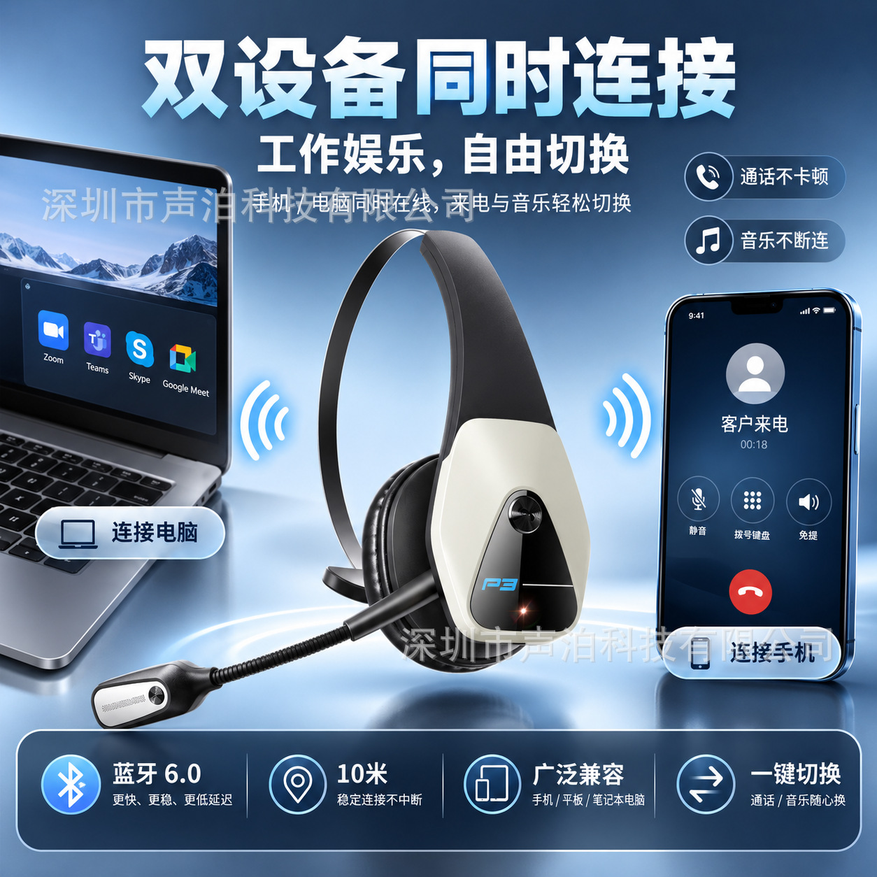 Cross-border Hot-selling Bluetooth Headset Noise-cancelling Wireless Headphones for Truck Drivers Calls Mono Headband Bluetooth 6.0