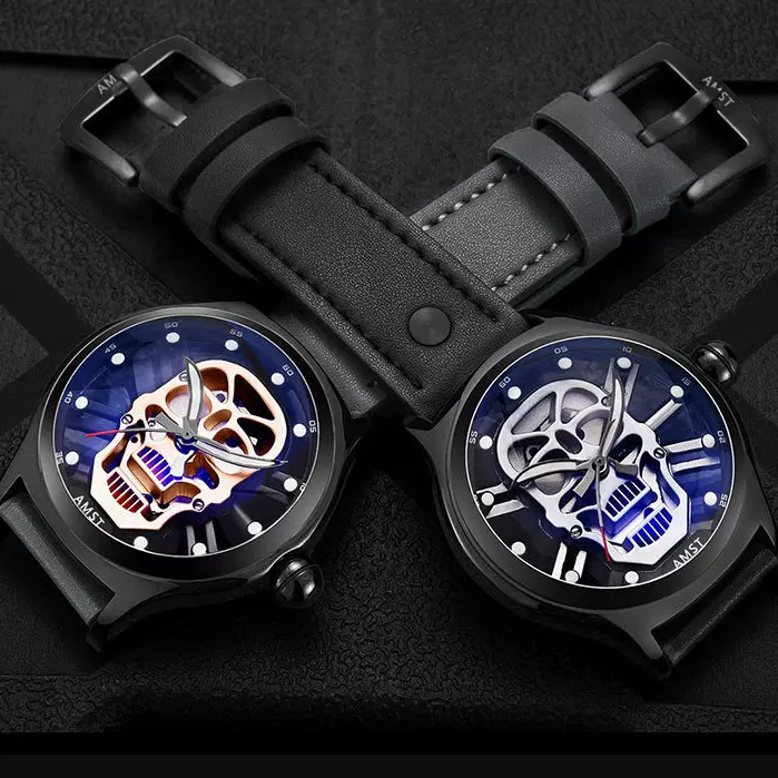 AMST艾美时夜光百搭运动防水石英电子表骷髅头一件代发大表盘