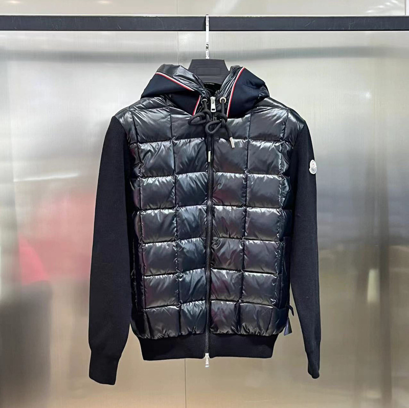 现货蒙家羊毛袖拼接连帽针织羽绒服夹克外套羊毛拼接连帽拉链男女|undefined