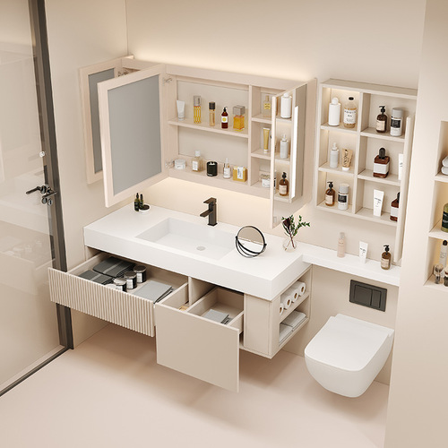 Solid wood bathroom cabinet set, integrated rock slab ceramic sink, extended washbasin, toilet, washstand, face basin cabinet, mirror cabinet, customizable
