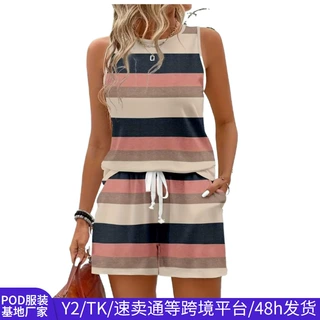 欧美风条纹无袖背心短裤套装女跨境外贸休闲宽松套装女夏两件套