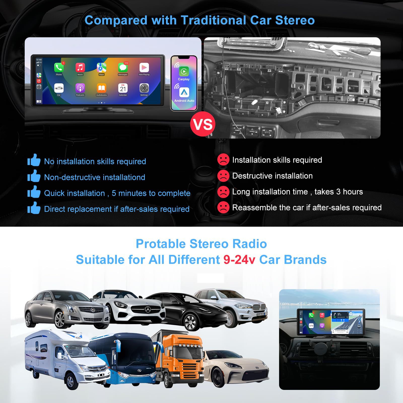 10.26inch In-Car Smart Screen Wireless Carplay Android Auto Bluetooth Navigation and Audio All-In-One Device