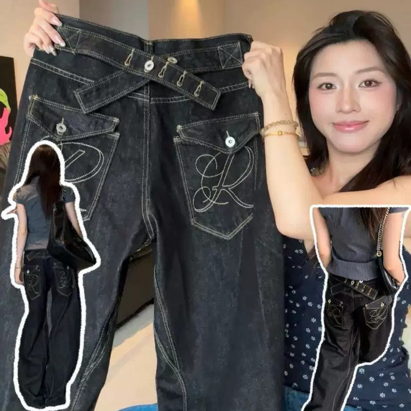 Black Embroidered Paris Buckle Wide-Leg Jeans, Light Luxury Niche Street Style Pants, Hip-Hop Loose Straight Casual Pants