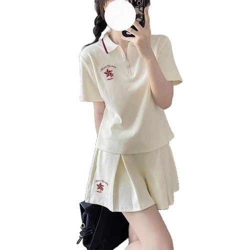 Laid-back sporty set, college style, regular shoulder POLO collar T-shirt, JK short skirt, summer women's clothing set outfit