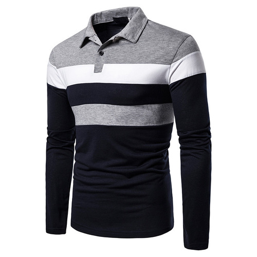Men's Double-Color Patchwork Top with Lapel, Long-Sleeved Men's Polo Shirt in Spring and Autumn, Trendy British Style