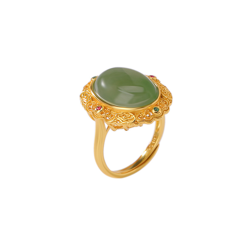 Nhẫn bạc S925 mạ vàng mặt ngọc bích jasper phong cách Trung Hoa họa tiết mây lành Ruyi — Bạc 925