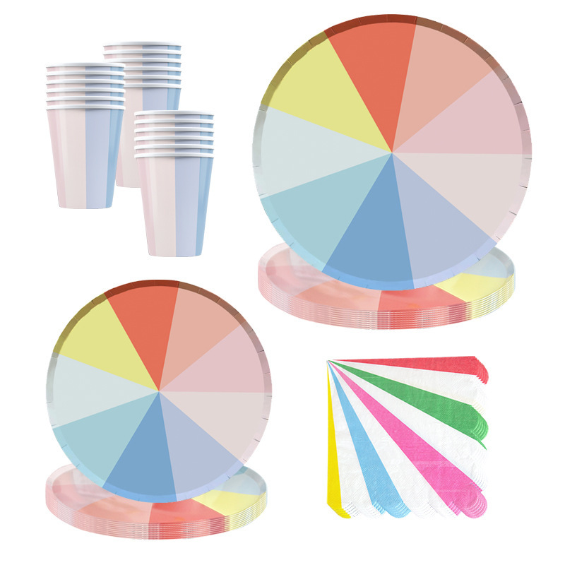 350gsm Party Disposable Tableware Picnic Rainbow Paper Tray Paper Cup Birthday Party Decoration High Color Value Plate