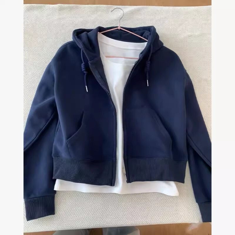 navy blue Hooded Summer Thin Coat Women's Spring and Autumn Short Sweatshirt Shoulder Sports Casual Autumn Top