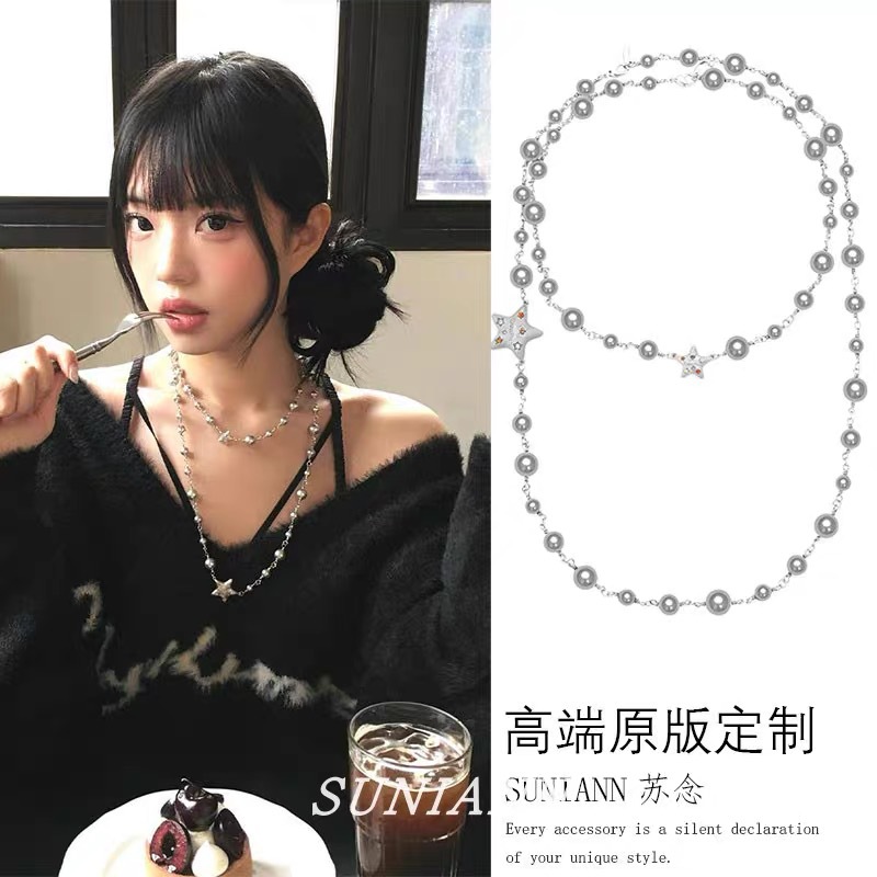 Sweet and Cool Spicy Girl Star Gray Pearl Necklace Long Niche Design Personality Layered Collarbone Chain Versatile Sweater Chain for Women