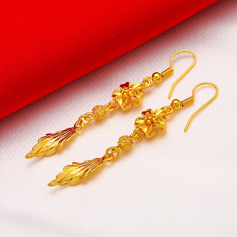 Vietnam sand gold earrings women brass gold plated leaf earrings earrings long tassel earrings jewelry_voghion.com