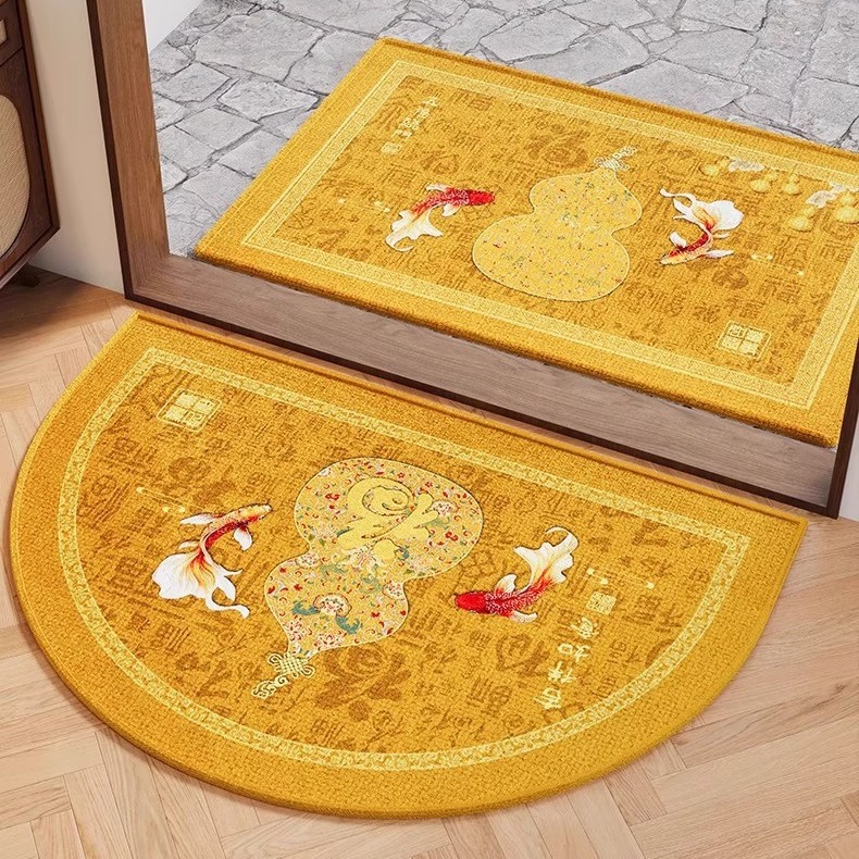 New Chinese Style Wealth-Attracting Golden Yellow Semicircle Feng Shui Entrance Door Mat Crystal Velvet Home Doormat
