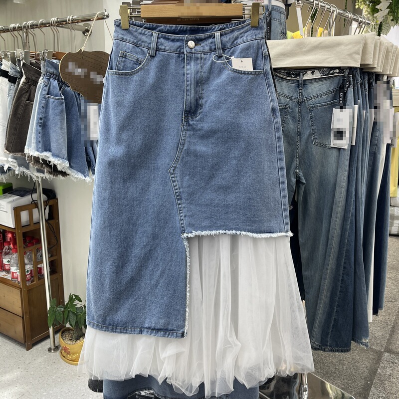見栄えの良いメッシュスプライシングデニムスカート女性のための夏の2025新しい不規則なハイウエストAラインロングガーゼスカート|undefined