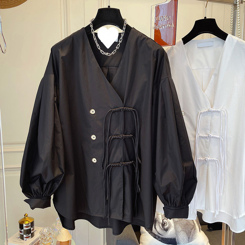 Thirteen Lines High-End Designer V-Neck Chinese Style Tassel Buttoned Shirt for Women, Unique Design Top, Fall 2026