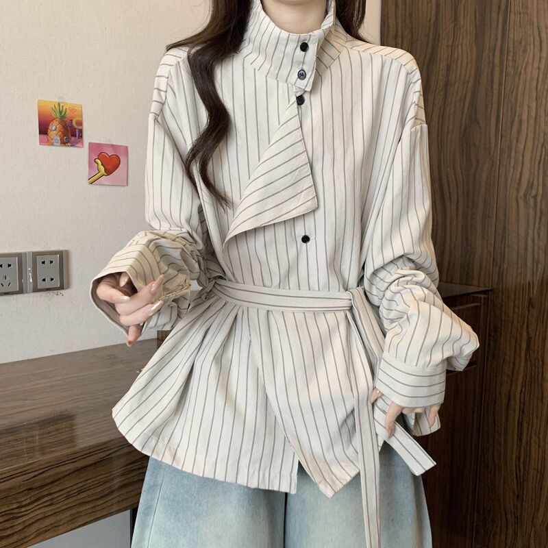 2025 New Autum Large Size Fat Slimming Look High-End Design Lace-Up Waist Stand-Up Collar Stripesd Long-Sleeved Shirt for Women