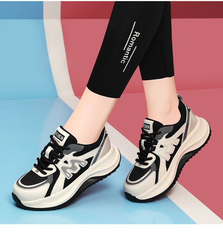 Giày sneaker nữ chunky đế dày phối màu gấu trúc, mặt da thoáng khí xuân hè 2025 — JST 7043m gót đỏ cao 5.5cm, JST 7025m màu xám, chiều cao gót 4,5cm + chiều cao bên trong tăng 0,6cm, JST 1803m đế đơn màu đen cao gót 5.0cm, JST 2139- 1m cà phê nhung gót cao 4.0cm chi tiết 7