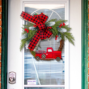 Cross-Border New Product Red Truck Christmas Door Hanging Farmhouse Red Truck Garland Christmas Garland Decoration Straw