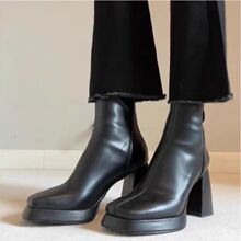 时尚百搭舒适方头粗跟瘦瘦靴女士马丁靴子2025年秋冬新款短靴子女