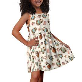 儿童可爱卡通浣熊动物满铺印花涤纶氨纶Kids with pocket dress