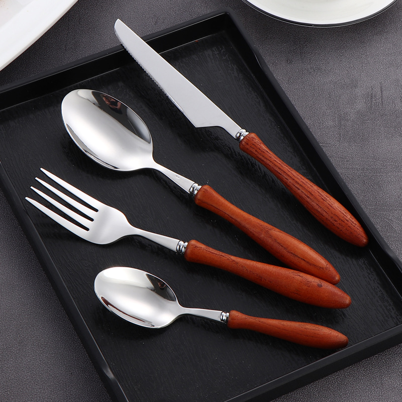 Cross-border 304 cuchillos y tenedores de acero inoxidable conjuntos de cubiertos creativos mangos de madera de mango redondo cubiertos de carne cuchillos y tenedores cucharas de té
