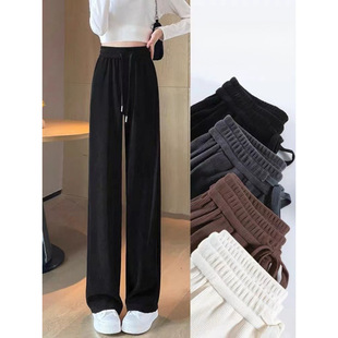 Chenille Wide-leg Pants Women's Autumn and Winter fleece-lined High Waist Dosing European Cotton Velvet Straight Pants Black Small Narrow Pants