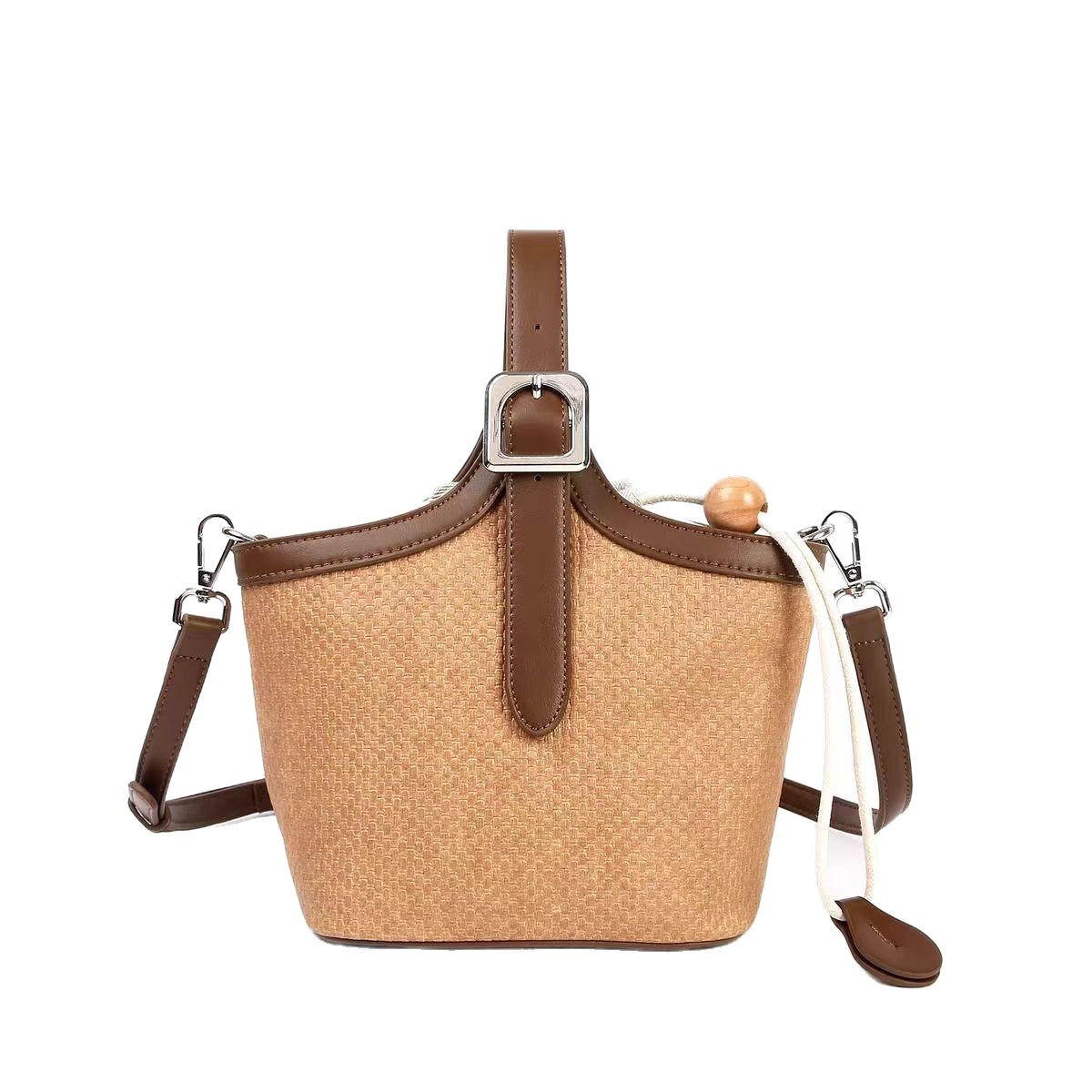 Túi bucket nữ thiết kế độc đáo phong cách retro, quai xách tay và đeo chéo, kiểu túi mẹ-con — Quả mơ có màu nâu, Kaki với màu cà phê