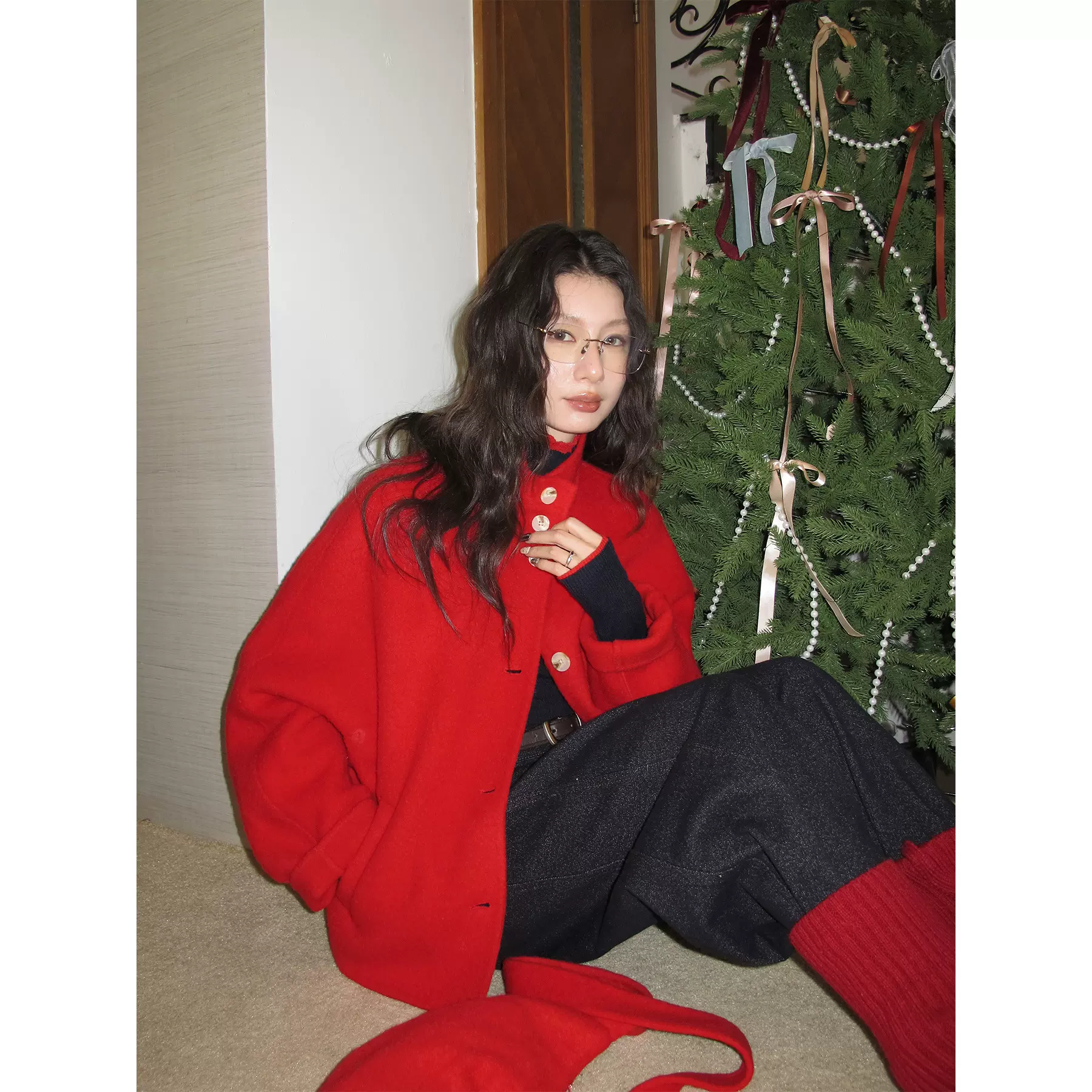 NEIHE内赫2025短款立领双面呢子羊毛大衣外套女冬季配挎包257350