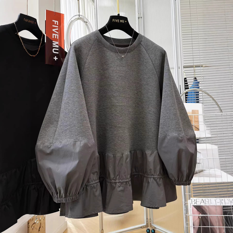 Plus Size 150kg Women's Lazy Style Ruffle Patchwork Sweatshirt for Spring and Autumn, Loose Fit, Slimming Round Neck Top