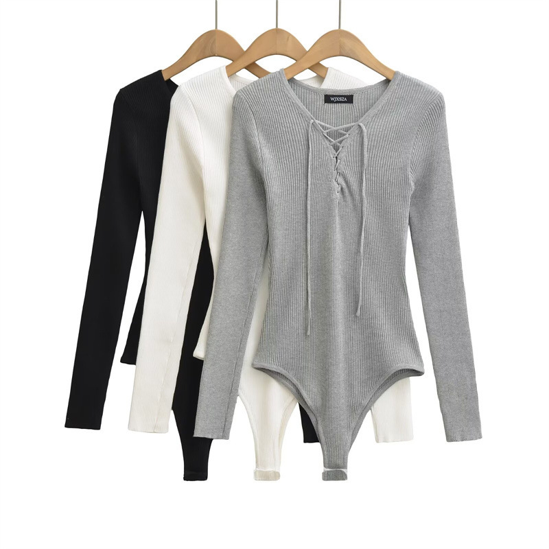 Sexy Hot Girl V-Neck Knitted Bodysuit Top with String Straps, Stylish Inner Wear, Stretchy Sexy Hot Girl Sweater