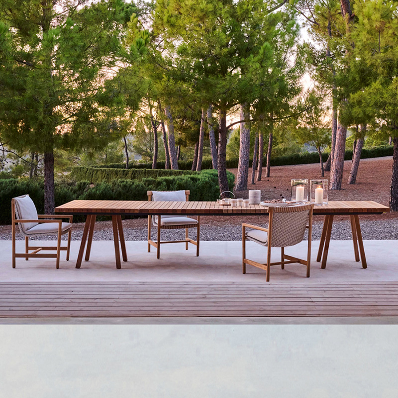 Mesas y sillas de ratán para terraza de villa, patio, jardín, hotel, B&B, muebles de madera maciza resistentes a la lluvia y al sol.