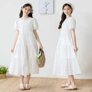 Girls Dress Summer High-End Cut Out Lace Skirt 2025 New Style Kidsren's Style Princess Dress for Middle and Large Kidsren