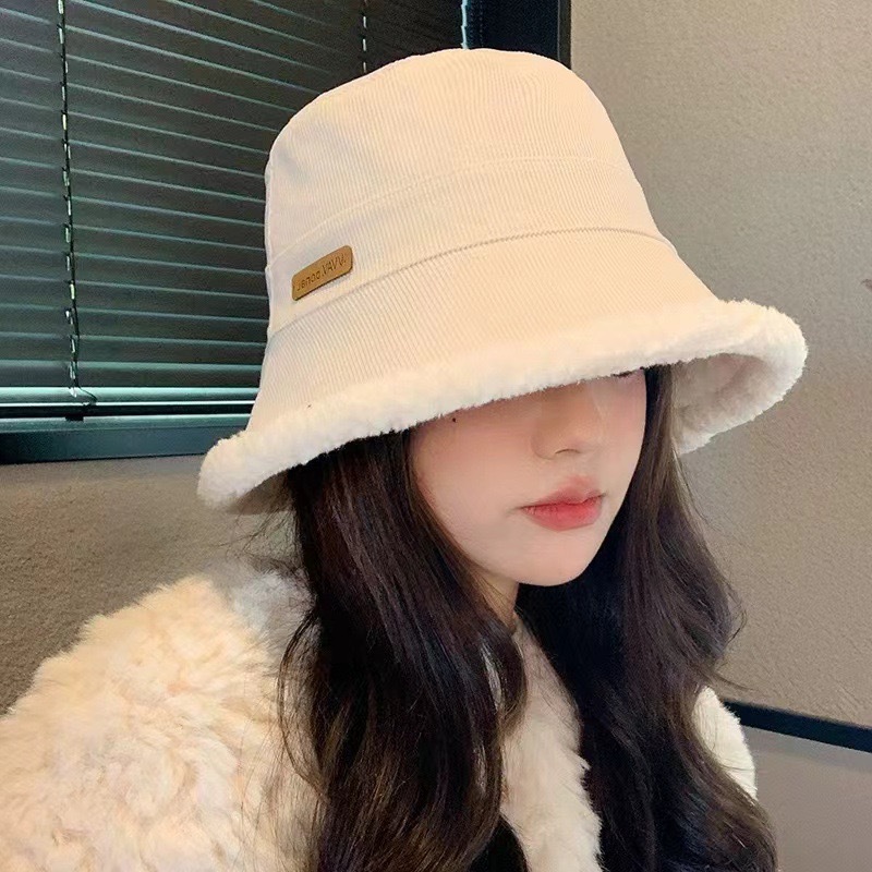 Lamb velvet double-sided fisherman hat-off-white